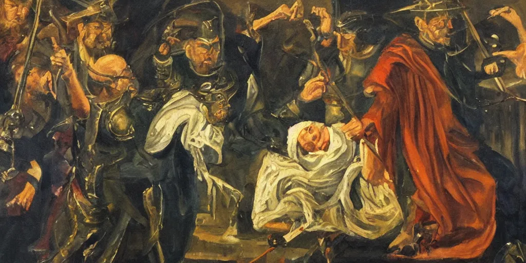 Prompt: oil painting of wizard dragged from king's chamber