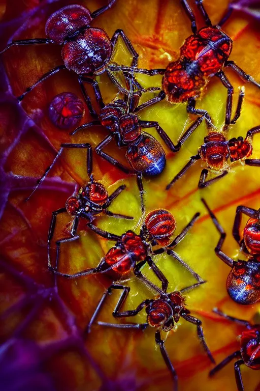 Image similar to high quality close-up photo translucent gelatinous spiders! gorgeous highly detailed hannah yata elson peter cinematic orange lighting high quality low angle hd 8k sharp shallow depth of field