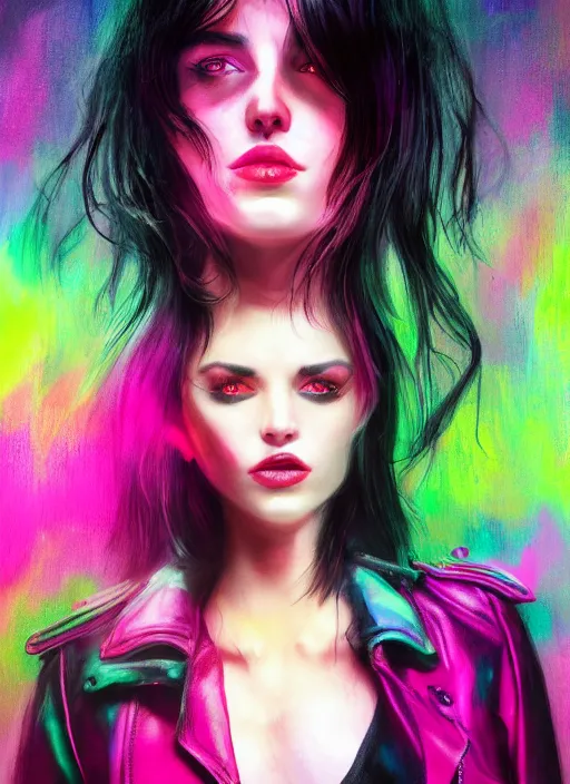 Prompt: a photo of 8 k ultra realistic a black haired female in high heels and a black leather jacket, pink, purple, green, yelow, red, blue neon, art by lise deharme