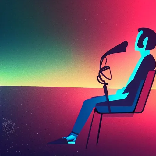 Prompt: male wearing headphones sitting on the moon, calm, soothing, relaxed, cosy, quiet, elegant, style of vaporwave, neon, futuristic, 80's,