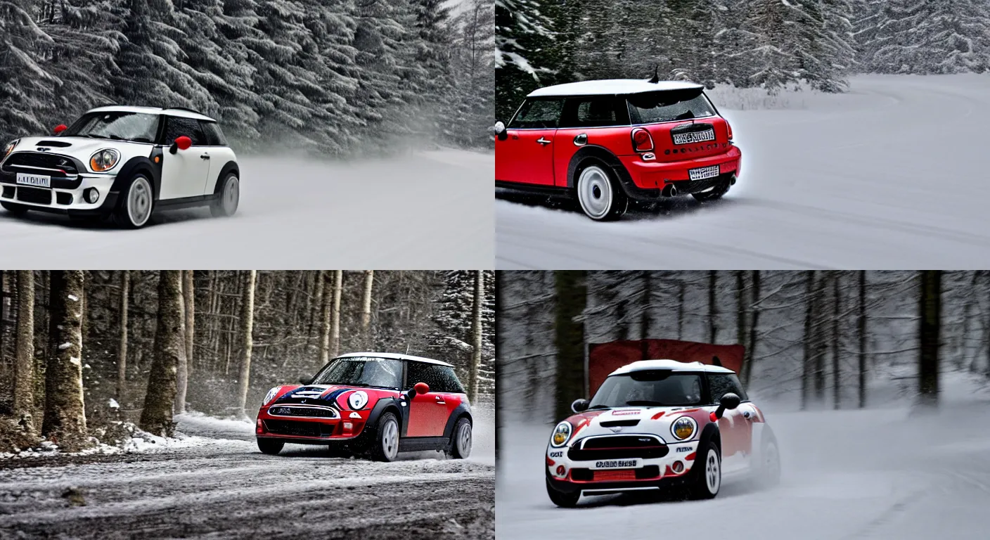 Prompt: a 2 0 1 1 mini john cooper works clubman, racing through a rally stage in a snowy winter forest