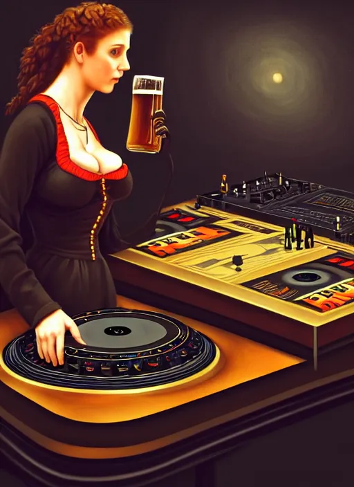 Image similar to image of large pint of beer and large technics dj table front of picture, in the backround man and a woman from octoberfest, dark backround, highly detailed, digital illustration, trending in artstation, modern painting, smooth, sharp focus, intricate, einar jonsson and bouguereau