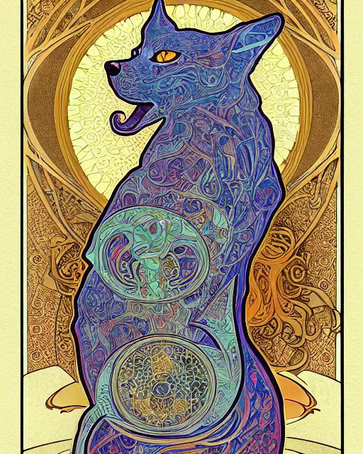 Image similar to fox carving art, cell shading, voronoi,fibonacci sequence, sacred geometry by Alphonse Mucha, Moebius, hiroshi yoshida, Art Nouveau, colorful, ultradetailed, 2 vivid colour, 3d