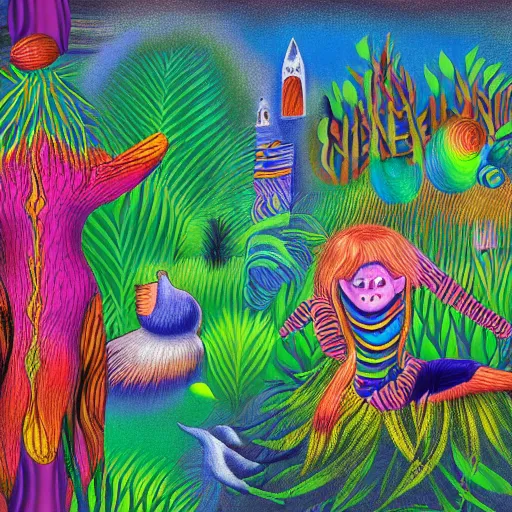 Prompt: chaotic psychotic nutcase 😵😵💫 in the style of henri rousseau, digital art, bizarre