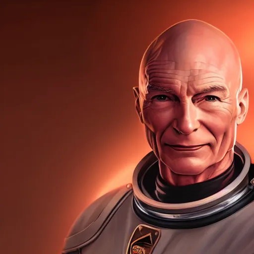 Image similar to A hyper real comic book style portait painting of Captain Picard in an astronaut suit, unreal 5, hyperrealistic, octane render, cosplay, RPG portrait, dynamic lighting