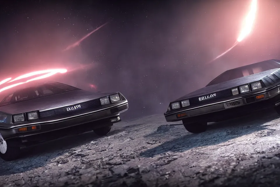 Prompt: ultra realistic delorean dmc 5 drifting on an ancient space highway in space, motion render, dark cinematic, volumetric, realistic, 3 d render, realistic render, cinematic lighting, volumetric lighting, atmospheric, cinematic, unreal engine 5, unreal engine render, octane render, hd, photorealism, hyper realistic, photo, 8 k