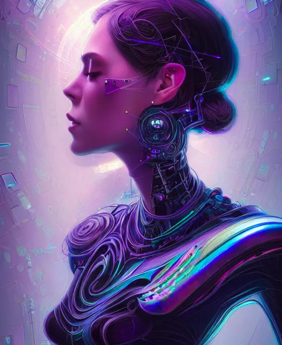 Image similar to a whirlwind of souls rushing inside the metaverse, hologram, half body, neurochip, shaved temple, piercing, jewelry, android, cyborg, cyberpunk face, by loish, d & d, fantasy, intricate, elegant, highly detailed, colorful, digital painting, artstation, concept art, art by artgerm and greg rutkowski and alphonse mucha