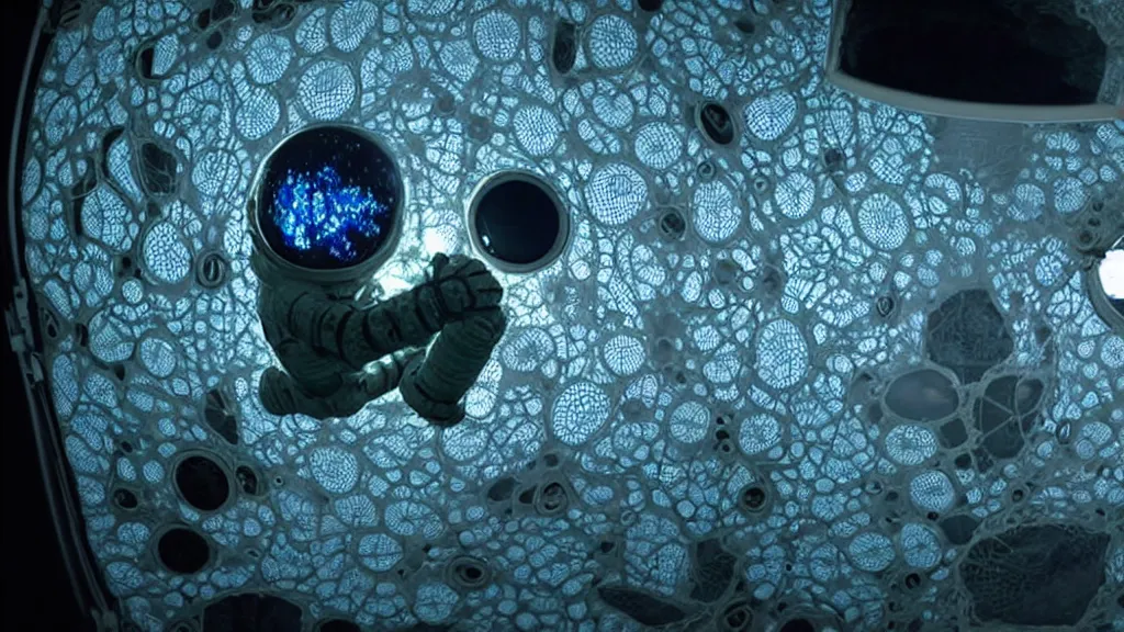 Image similar to a single astronaut eva suit made of diamond 3d fractal lace iridescent bubble 3d skin and covered with insectoid compound eye camera lenses floats through the living room, film still from the movie directed by Denis Villeneuve with art direction by Salvador Dalí, wide lens,