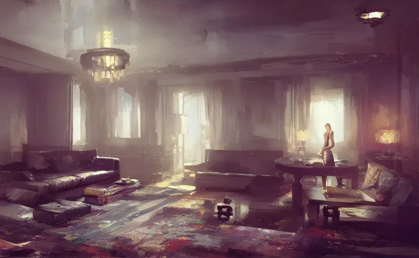 Prompt: a luxury high tech apartment interior, painting by Craig Mullins, interior design, victorian style, octane rendering, warm moody lighting, wide angle lens, low view, in the style of blade runner