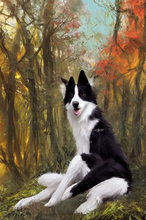 Prompt: portrait of a cute anthro male anthropomorphic border collie fursona wearing a suit in a sunny glade. by henry asencio, jon foster, and ross tran. scenic background, highly detailed, concept art, furry, glamor pose, elegant, aesthetic, beautiful, trending on artstation, top rated on furaffinity and deviantart