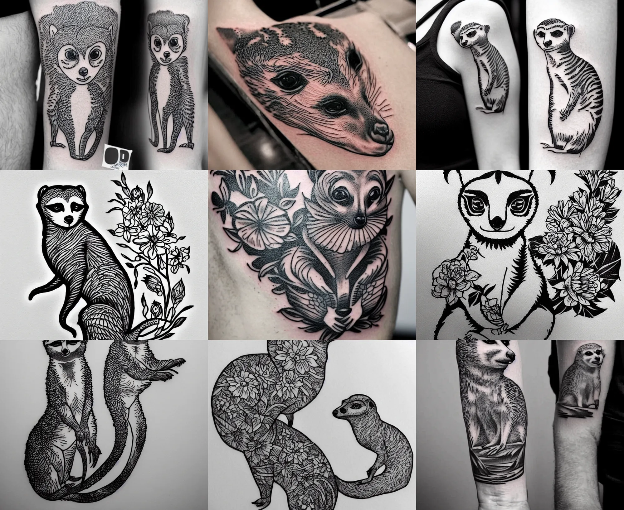 Image similar to detailed amazing tattoo stencil of a meerkcat standing flowers