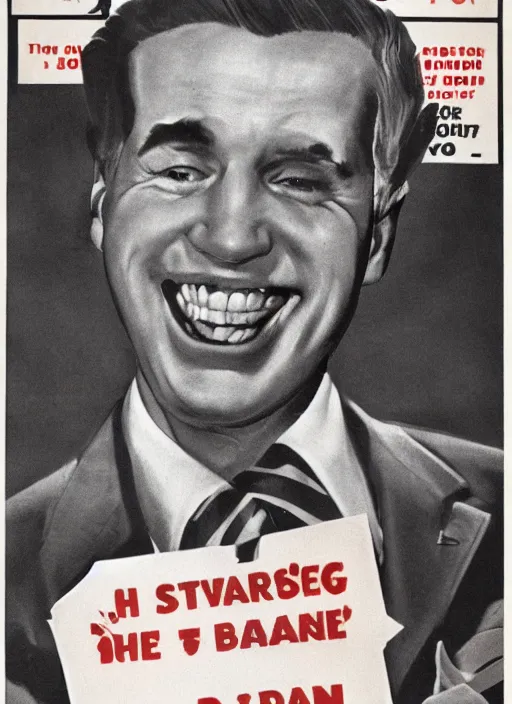 Prompt: first person perspective of joe biden staring directly at you ominously with a big scary smile, 1940s scare tactic propaganda art