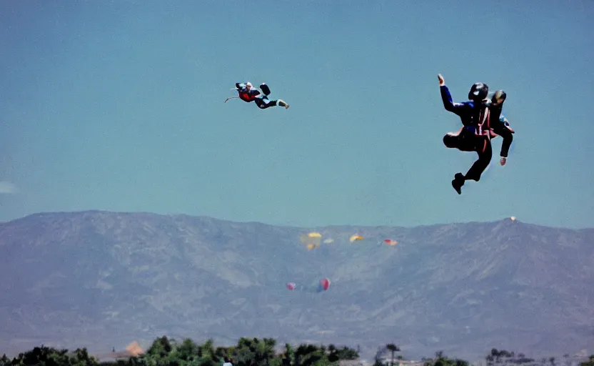 Prompt: color photo. closeup of a skydiver jumping. plane in the background 8 0'style