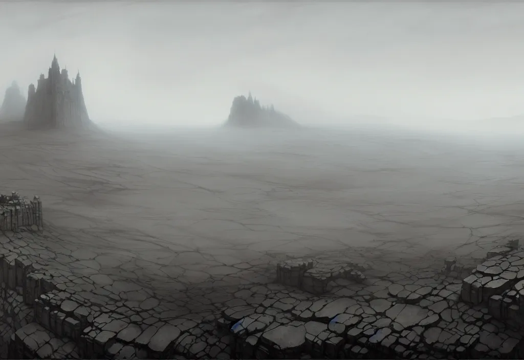 Prompt: The landscape of a gray wasteland with gray dry land, enclosed in incredibly gigantic enormous smoothed stone walls. The walls are so far apart that they disappear over the horizon. Art by Finnian MacManus, Simon Stalenhag, Arthur Rackham. Fog, masterpiece, fantasy art, cinematic, hyperdetailed, photorealistic, hyperrealism, octane rendering, 8k, aerial view