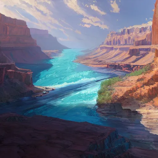 Image similar to concept art painting of a wide grand canyon with ocean inside, giant river, with unfinished bridge under construction, realistic, detailed, cel shaded, in the style of makoto shinkai and greg rutkowski and james gurney