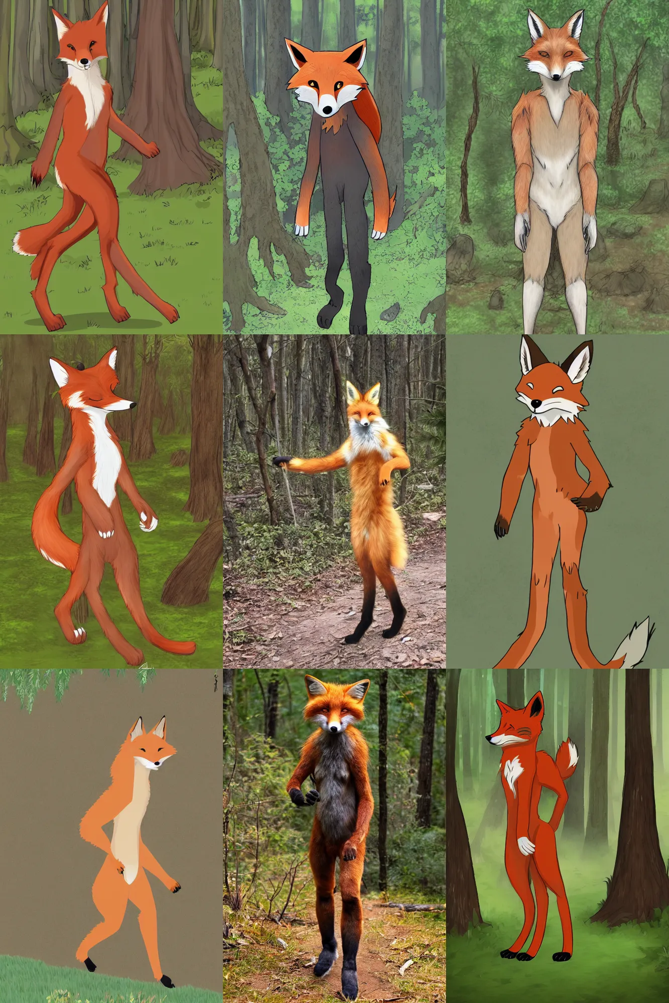 Prompt: anthro digitigrade natural - colored fox person with black paws, walking upright in a forest, fursona