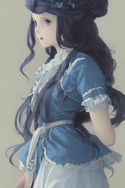 Image similar to a character design of young black lolita dressed girl, grey and blue theme, wavy white long hair by krenz cushart and mucha and akihito yoshida and makoto shinkai and greg rutkowski, detailed eyes, 4 k resolution