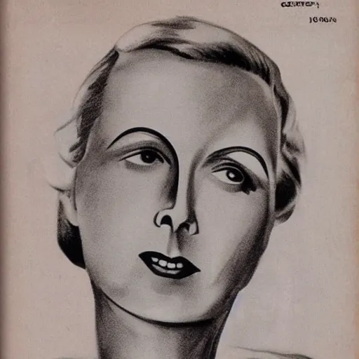 Image similar to a 1 9 2 8 cover of vogue. happy, healthy, beautiful, smiling, young, sporty, glowing greta garbo in decent swim wear. realistic detailed drawing