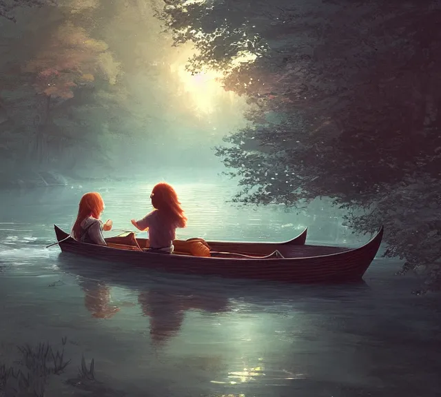 Prompt: a boy and a girl with long flowing auburn hair sitting together on the rowboat. Atmospheric lighting, long shot, romantic, boy and girl are the focus, trees, river. details, sharp focus, illustration, by Jordan Grimmer and greg rutkowski, Trending artstation, pixiv, digital art