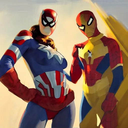 Image similar to greg manchess portrait painting of a female ironman captain america and spiderman as overwatch character, medium shot, asymmetrical, profile picture, organic painting, sunny day, matte painting, bold shapes, hard edges, street art, trending on artstation, by huang guangjian, gil elvgren, ruan jia, greg rutkowski, gaston bussiere