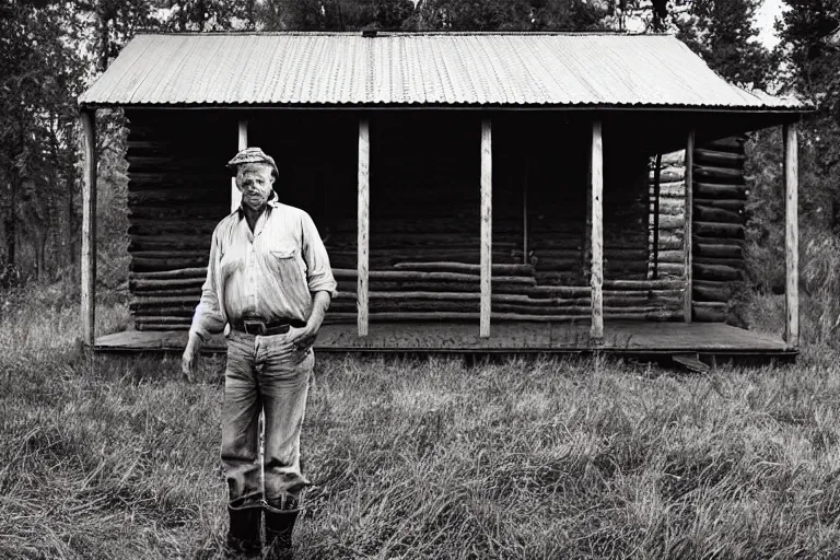 Prompt: a cinematic headshot portrait of a farmer, stood outside a wooden cabin, movie still, ultra realistic, dramatic lighting, by annie leibovitz