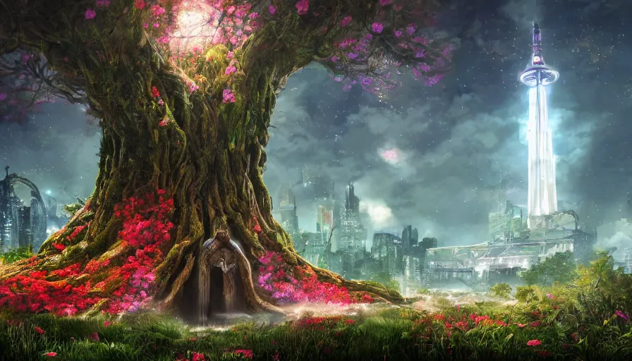 Image similar to ben lo illustration of the largest tree in the world under force field, bioshock concept art, solarpunk, hopeful, colorful, flowers, deity, unreal engine, hyper realism, realistic shading, cinematic composition, realistic render, octane render, detailed textures, photorealistic, wide shot