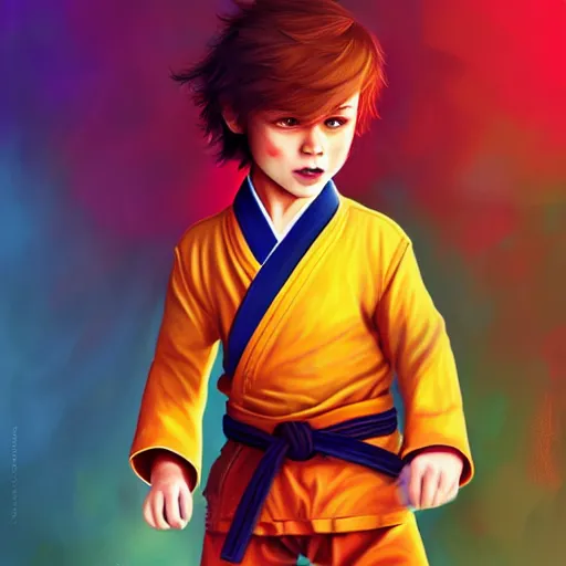 Prompt: colorful and festive captivating young child boy, brown fluffy hair, wearing red and yellow hero suit, playing jokenpo. full body, rich vivid colors, ambient lighting, dynamic lighting, 4 k, atmospheric lighting, painted, intricate, highly detailed by charlie bowater