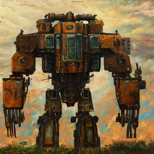 Prompt: oil painting of a huge rusting mech, highly detailed, complex, intricate