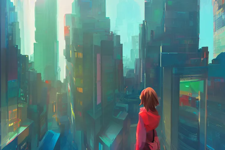 Image similar to a digital art of a selfie of max caulfield standing in a metropolis, youth, light effect, highly detailed, by anton fadeev