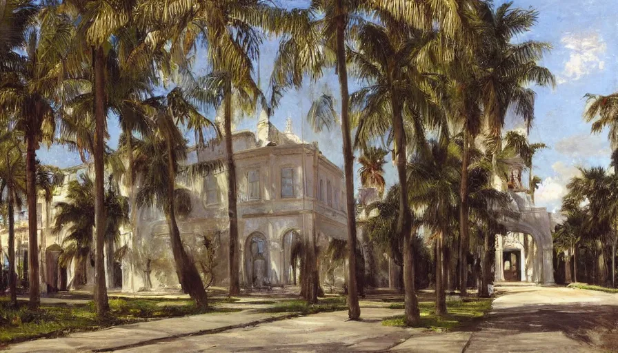 Image similar to artwork painting of the front of a florida building by eugene von guerard, ivan shishkin, john singer sargent