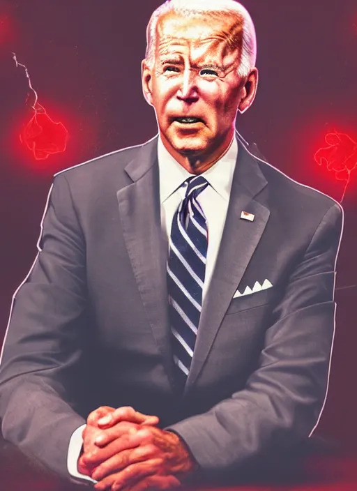 Image similar to hyper realistic ultra realistic hyper dimensional photo furious glowing red eyes biden, high quality photo, detailed , 8k
