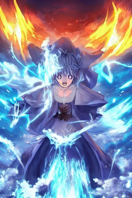 Image similar to cover art of mage summoning a ice golem, ufotable anime style, epic background