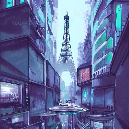 Image similar to a view on a futuristic cyberpunk paris, digital painting