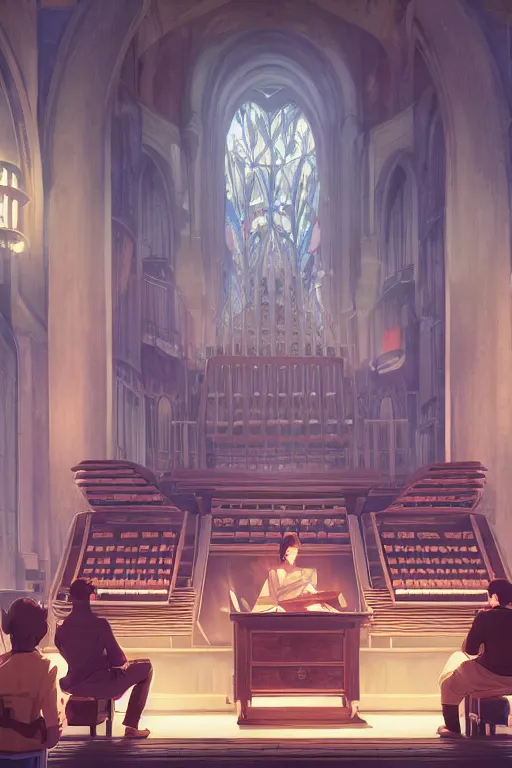 Image similar to people listen to a pipe organ, single subject, scenic full shot, ambient lighting, detailed face, by makoto shinkai, stanley artgerm lau, wlop, rossdraws