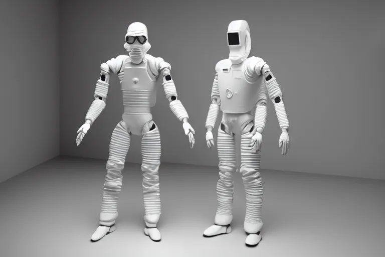 Image similar to man wearing hazmat suit in cleanroom large 3D printing humanoid plastic robot. by Roger Deakins