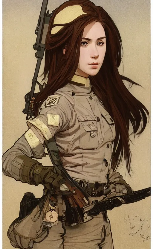 Prompt: portrait of female soldier, trading card front, anime style, hair down, symmetrical facial features, hyper realistic, pale skin, 4k, rule of thirds, extreme detail, detailed drawing, trending artstation, hd, fantasy, D&D, realistic lighting, by Alphonse Mucha, Greg Rutkowski, sharp focus, backlit, military carrier plates