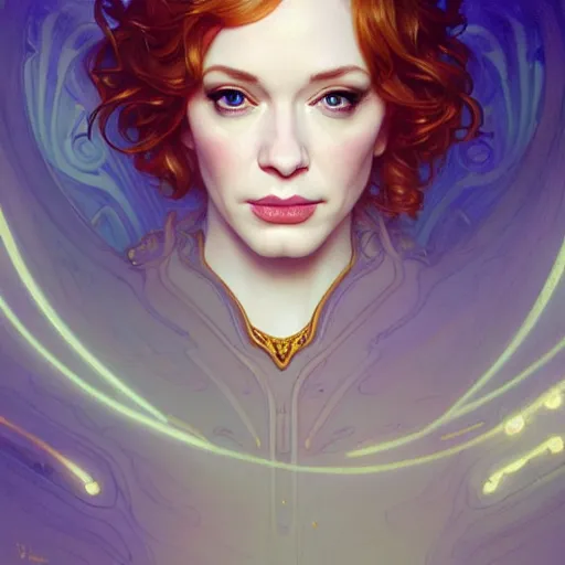 Image similar to christina hendricks wearing a white periwinkle, sci fi, glowing eyes, volumetric lights, gold theme, art nouveau botanicals, intricate, highly detailed, digital painting, artstation, concept art, smooth, sharp focus, cinematic, illustration, beautiful face, art by artgerm and greg rutkowski and alphonse mucha