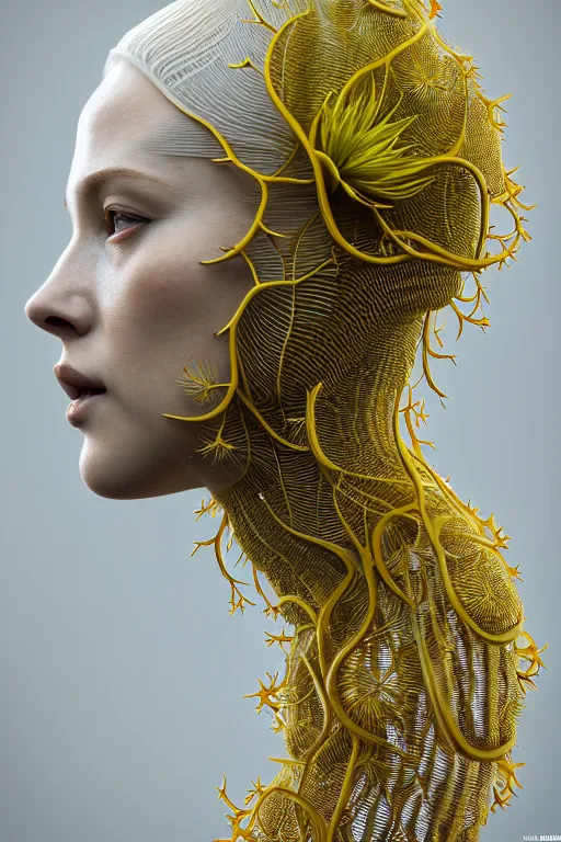 Prompt: intricate hyper detailed ultra sharp 3 d render of a beautiful porcelain biomechanical woman profile portrait, large pore fungi embroidered, bright light, cyberpunk art nouveau, haute couture alexander mcqueen leaves stems dahlia transparent fractal dandelion yellow pistil filigree roots, octane render, volumetric cinematic lighting, 8 k post - production