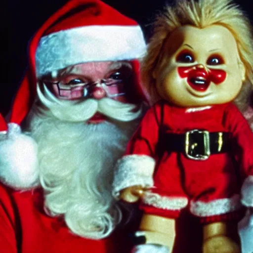 Prompt: santa claus holding chucky the killer doll from the movie child's play