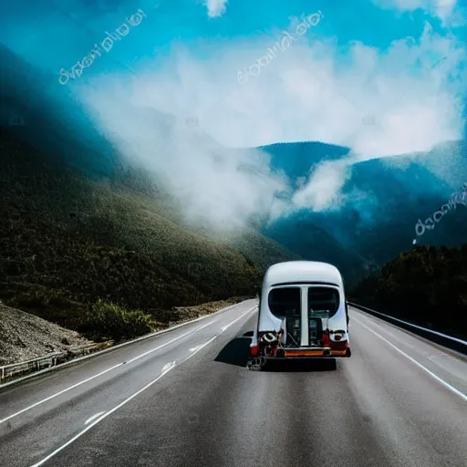 Image similar to white - blue bus on misty highway scene, the sun shining through the mountain peaks