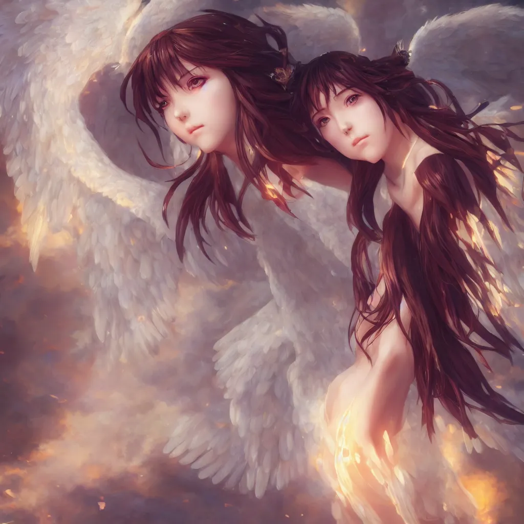 Image similar to an oil painting of a beautiful anime girl with angel wings, by artgerm, wlop and greg rutkowski, hd, hdr, ue 5, ue 6, unreal engine 5, cinematic 4 k wallpaper, 8 k, ultra detailed, high resolution, artstation, award winning