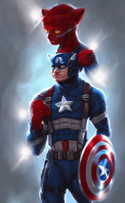 Image similar to cat as captain america, dynamic lighting, cinematic, ultra detailed, trending on art station, stunning visuals, creative, fantasy concept art