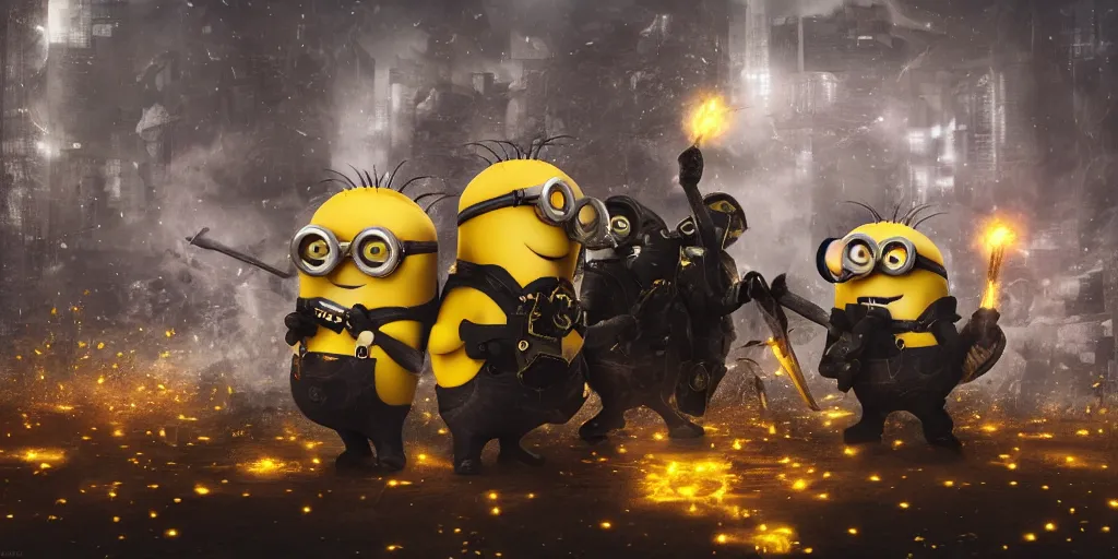 Image similar to Minions with axes and words against golden sparks, black smoke, yellow lights, Anime, cyberpunk, gothic, dark fantasy, art, 4k,