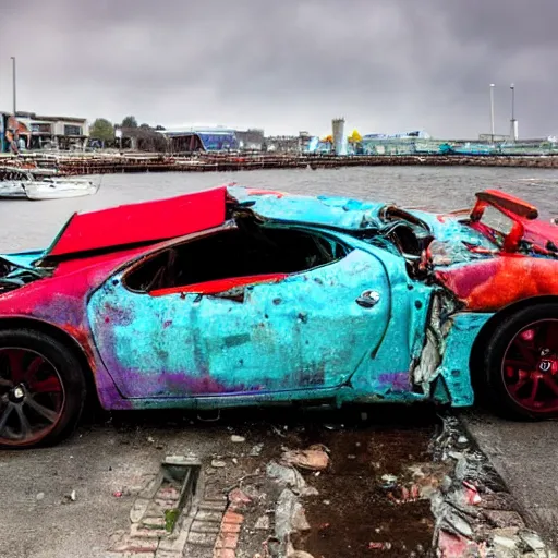 Image similar to professional high quality wide - angle image of a colorful sports car from the year 2 0 7 7 that is badly damaged and crashed halfway into the water at a stevedoring port. ( 2 0 7 7 kodachrome panavision ). the weather is sunny but with a small rain cloud. imax 7 0 mm, wide - angle.