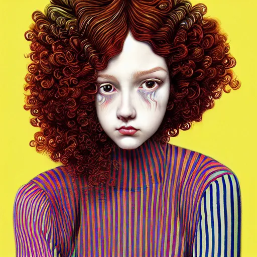 Image similar to red curly haired twins wearing striped clothes:: by Martine Johanna and Chie Yoshii and Casey Weldon:: ornate, dynamic, particulate, pastel colors, intricate, elegant, highly detailed, centered, artstation, smooth, sharp focus, octane render, 3d