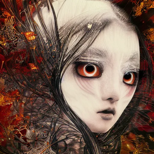 Image similar to yoshitaka amano blurred and dreamy realistic illustration of a japanese woman with black eyes, wavy white hair fluttering in the wind wearing elden ring armor with engraving, abstract patterns in the background, satoshi kon anime, noisy film grain effect, highly detailed, renaissance oil painting, weird portrait angle, blurred lost edges, three quarter view