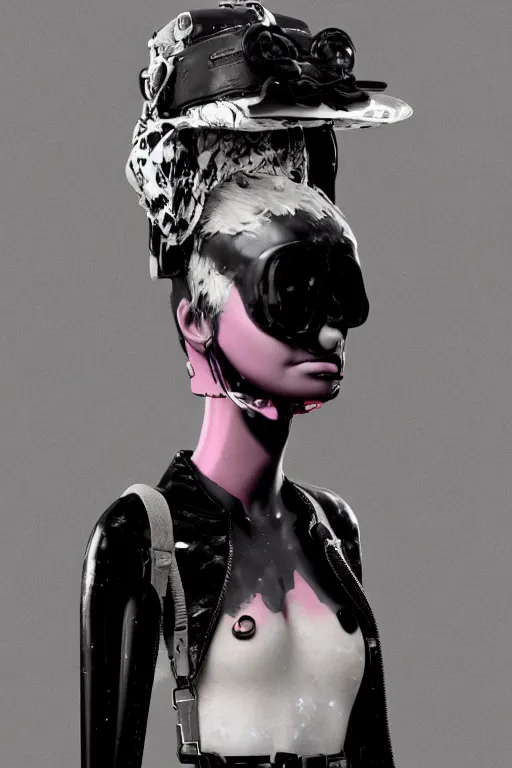 Image similar to an epic non - binary model, subject wearing a belt made out of computer mice, grungy, beautiful, intricate, black and white colors, with pastel pink highlights, melting, houdini sidefx, by jeremy mann and ilya kuvshinov, jamie hewlett and ayami kojima, trending on artstation, bold 3 d