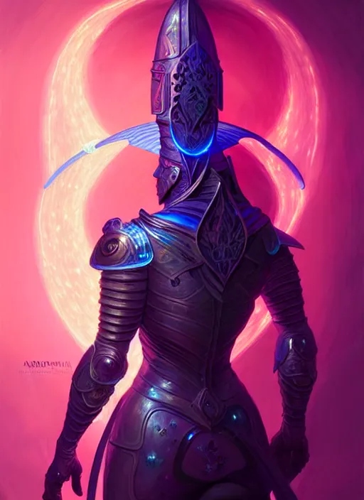 Image similar to a knight faceless glowing liquefied stardust adventurer, dnd fantasy character, full body portrait, glowing neon skin, magical aura, ultra realistic, intricate, elegant, highly detailed, digital painting, artstation, smooth, sharp, focus, illustration, art by artgerm and greg rutkowski and alphonse mucha and dan mumford, sacred geometry