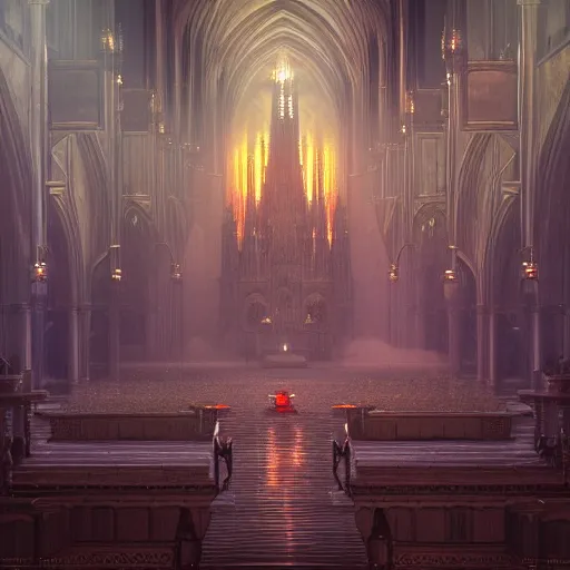 Image similar to an ultra detailed matte painting of the throne of the evil patriarch up incredibly high looking down into the cathedral, incense smoke drifting through the air, artstation, volumetric lighting, exquisite detail, octane render, 8 k postprocessing, art by john collier and albert aublet