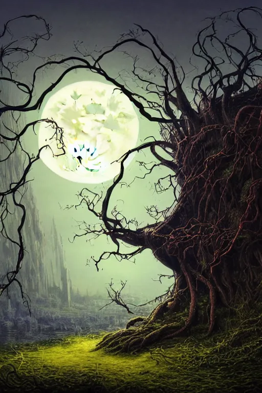 Image similar to a beautiful digital illustration painting of a detailed gothic fantasy full moon and roots, throne chair and vines, dramatic cinematic sky colors by benoit b. mandelbrot, steven belledin, martin johnson heade, lee madgwick, caspar david friedrich, and david rios ferreira. 8 k resolution trending on artstation concept art digital illustration